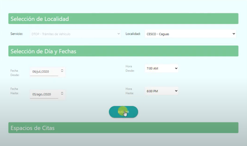 seleccionar localidad, fecha y hora